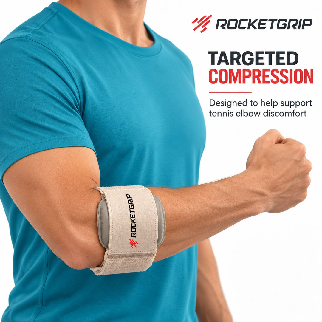 Player wearing the RocketGrip Pneumatic Elbow Brace just below the elbow