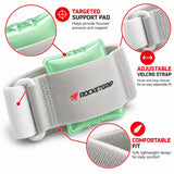 Pneumatic Elbow Brace features: targeted support pad, adjustable strap, comfortable fit