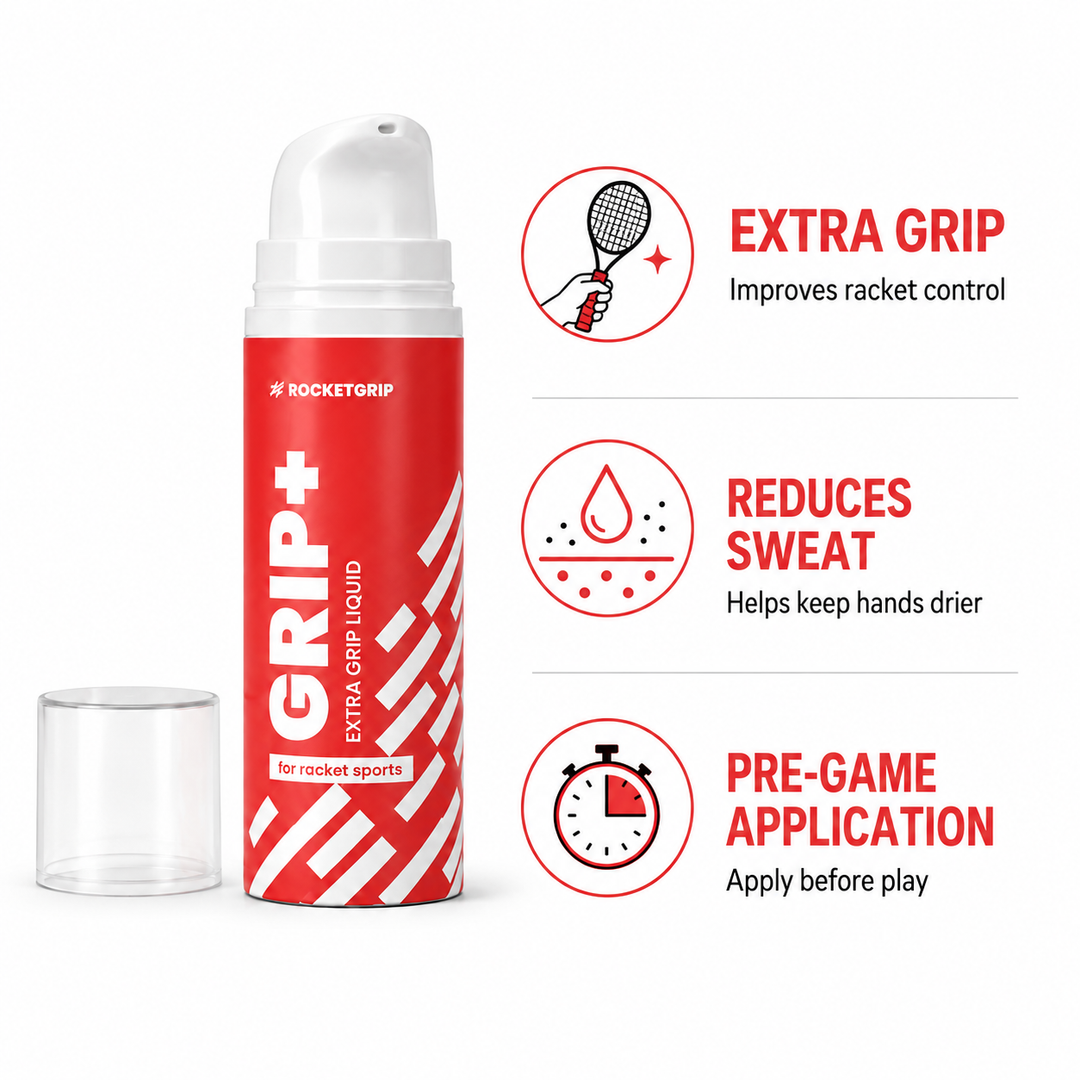 GRIP+ benefits: extra grip for racket control, helps keep hands drier, apply before play