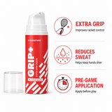 GRIP+ benefits: extra grip for racket control, helps keep hands drier, apply before play