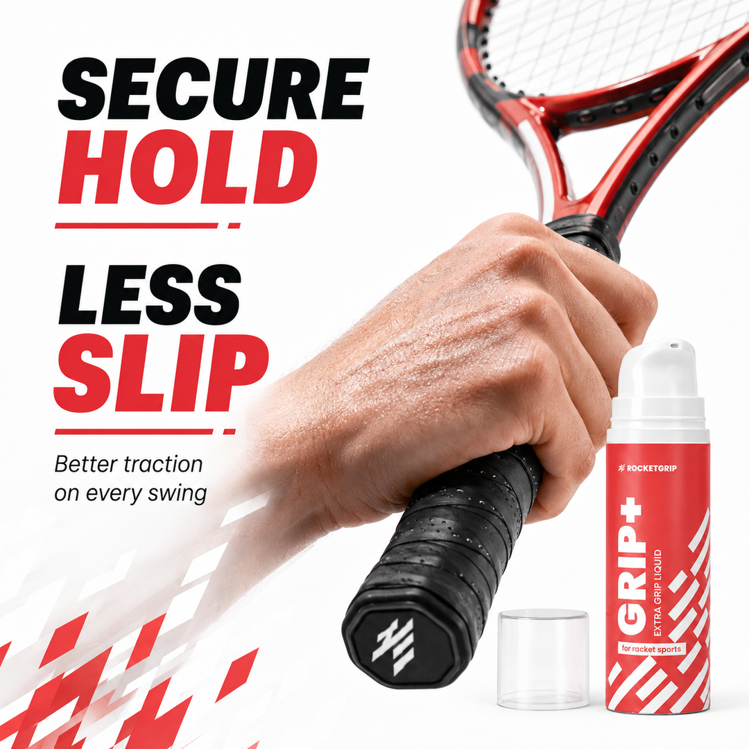 Sweaty hand holding a tennis racket with GRIP+ for a secure hold and less slip